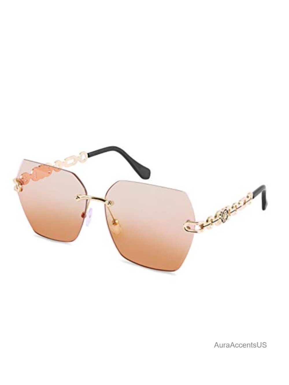 Rimless Sunglasses Gold Chain Metal Frame Camellia Accent UV400
